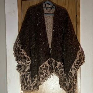 Dark brown poncho with animal, print and sparklesSz XL